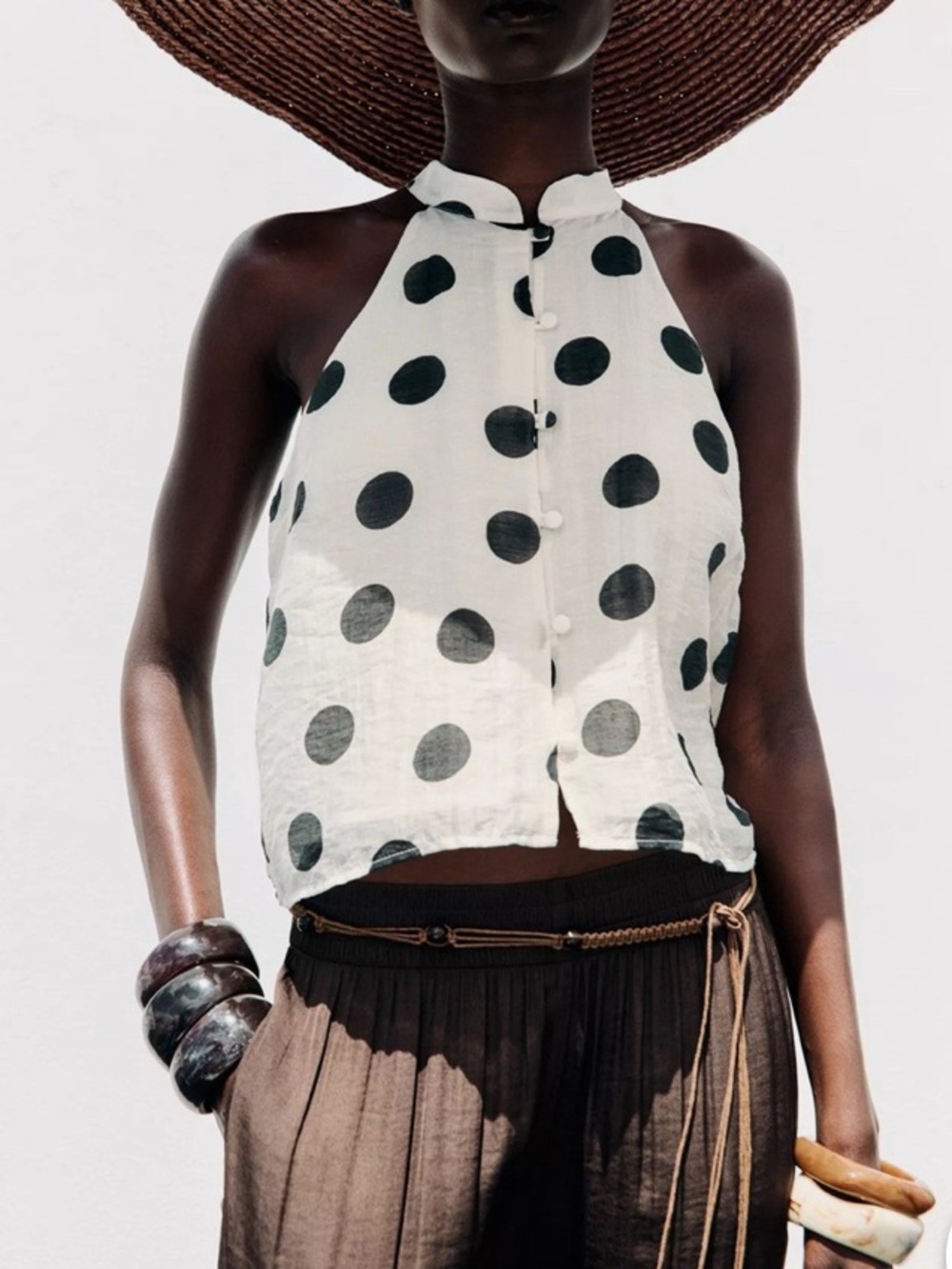 Zara White Halter Camisole with Black Polka Dots